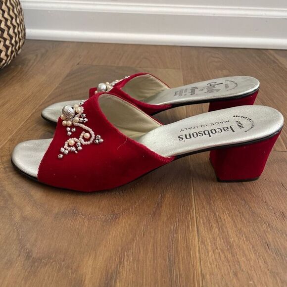 70s Amalfi by Rangoni Red Velvet Open Toe Mules Block Heel 7.5 Narrow - Picture 3 of 9